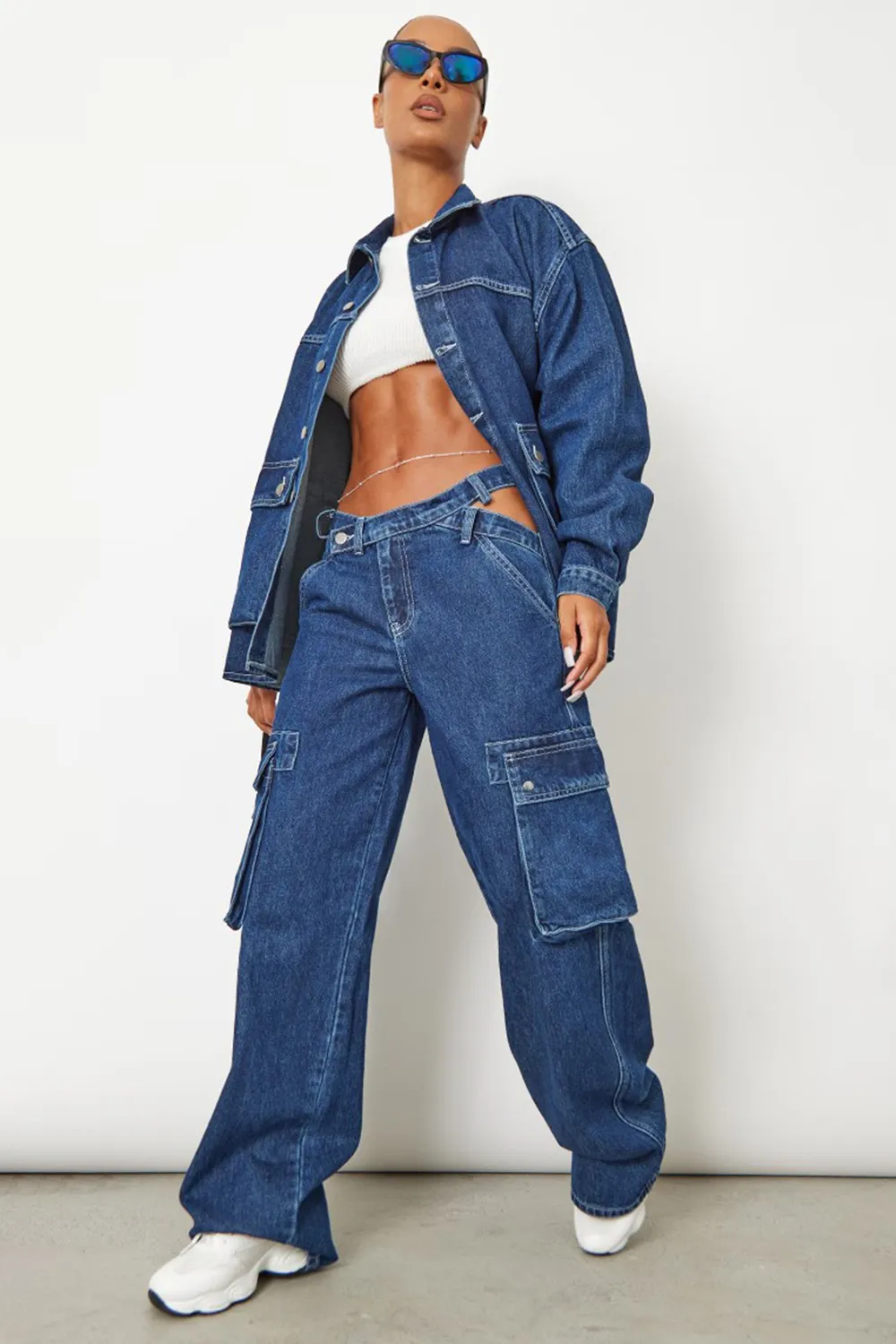 Dark Blue Wash Cut Out Asymmetric Waistband Cargo Jeans