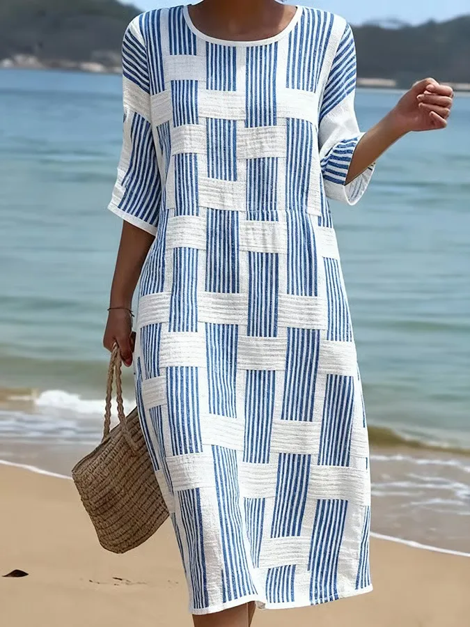 Women's Casual Round Neck Mid Sleeve Print Cotton and Linen Dress