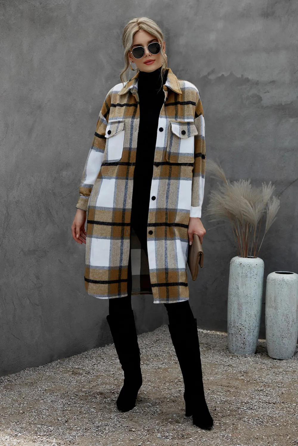 Khaki Turn-down Collar Pocket Button Plaid Coat