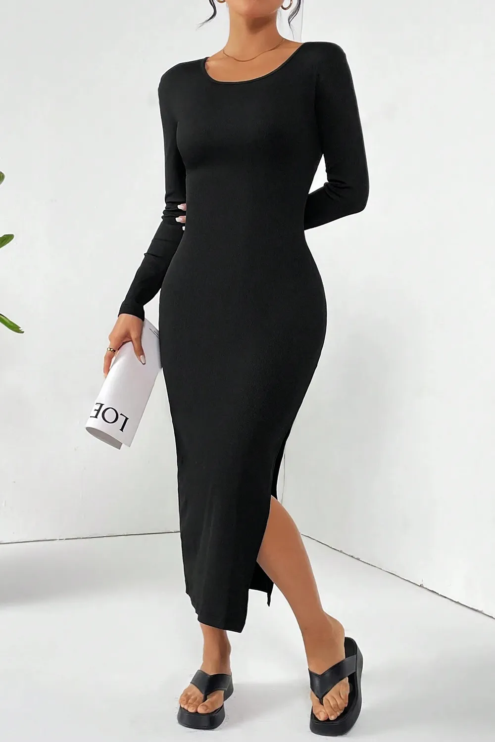 Solid Color Ribbed Knit Side Slit Dress