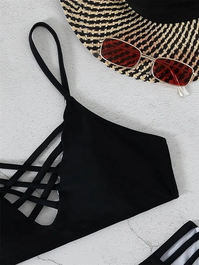 Women's Swimwear Bikini 2 Piece Normal Swimsuit Backless 2 Piece Sexy Hole Pure Color Black Strap Bathing Suits New Vacation Sexy