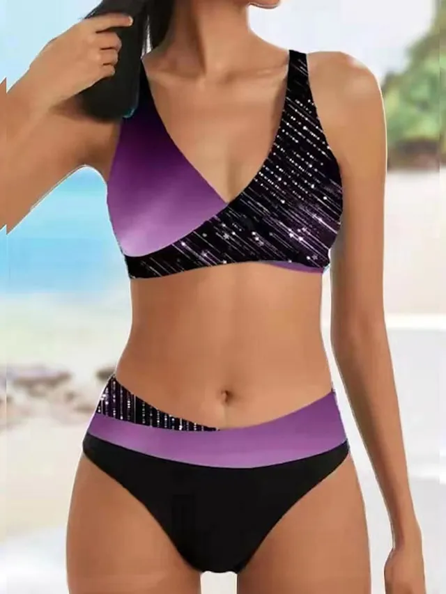 Women's Swimwear Bikini Plus Size Swimsuit 2 Piece Stripe Striped Black Burgundy Blue Lavender Purple Bandeau Bathing Suits Sports Push Up Summer