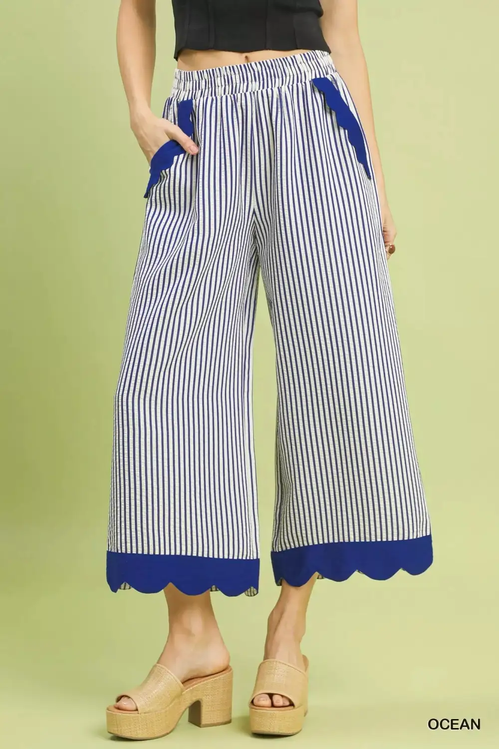 Stripe Scallop Hem Wide Leg Pants