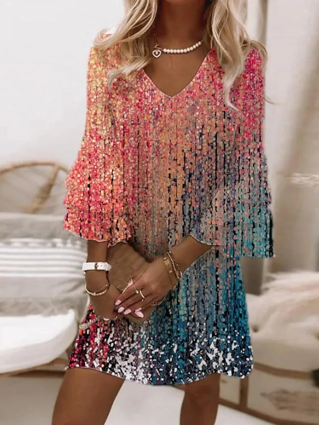 Women's A Line Dress Short Mini Dress Rainbow 3/4 Length Sleeve Print Color Block Ruched Print Spring Summer V Neck Elegant Modern 2023 3XL