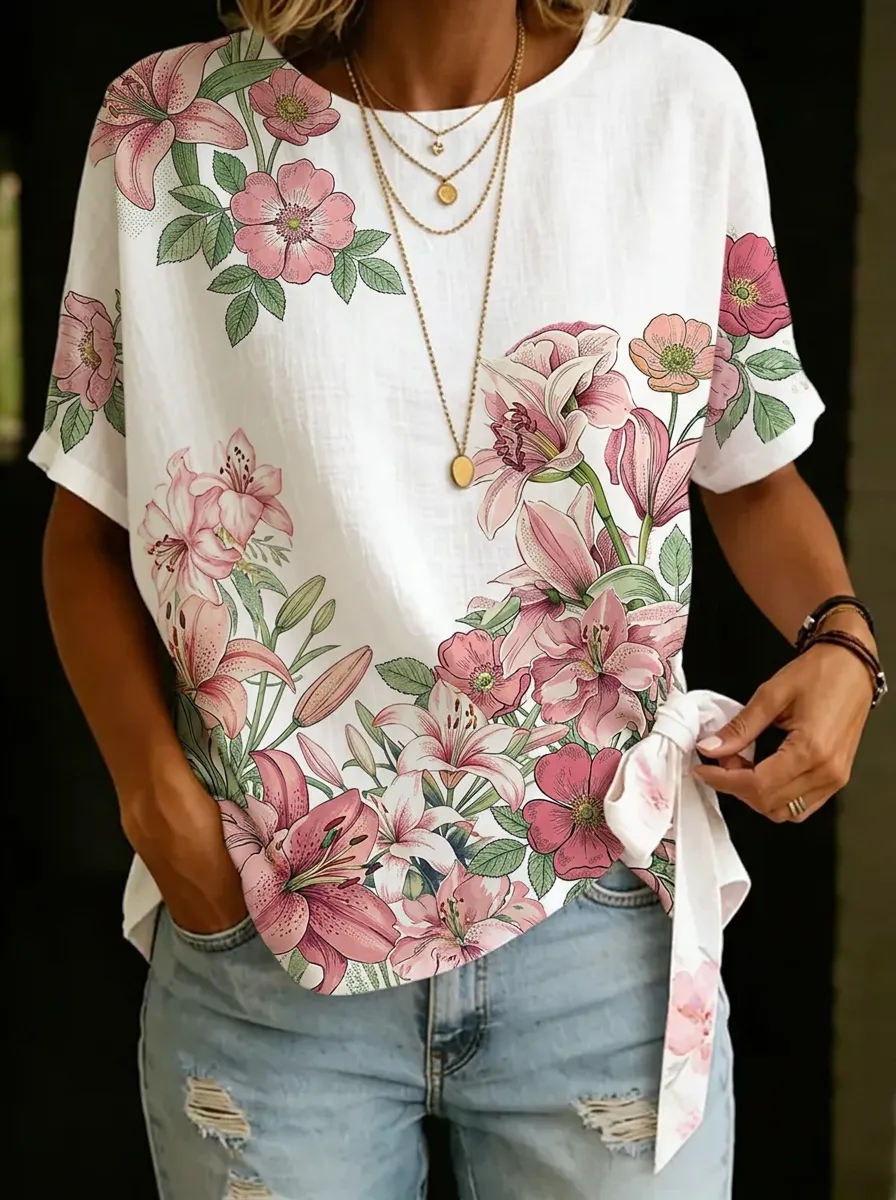 Women's Nashville Floral Lily Printed Tie-Side T-shirt