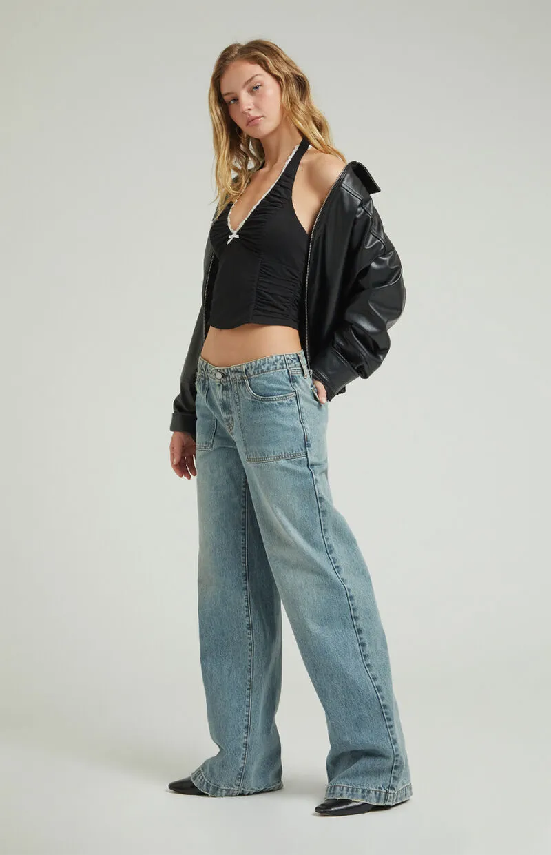 PacSun Casey Medium Indigo Patch Pocket Low Rise Baggy Jeans