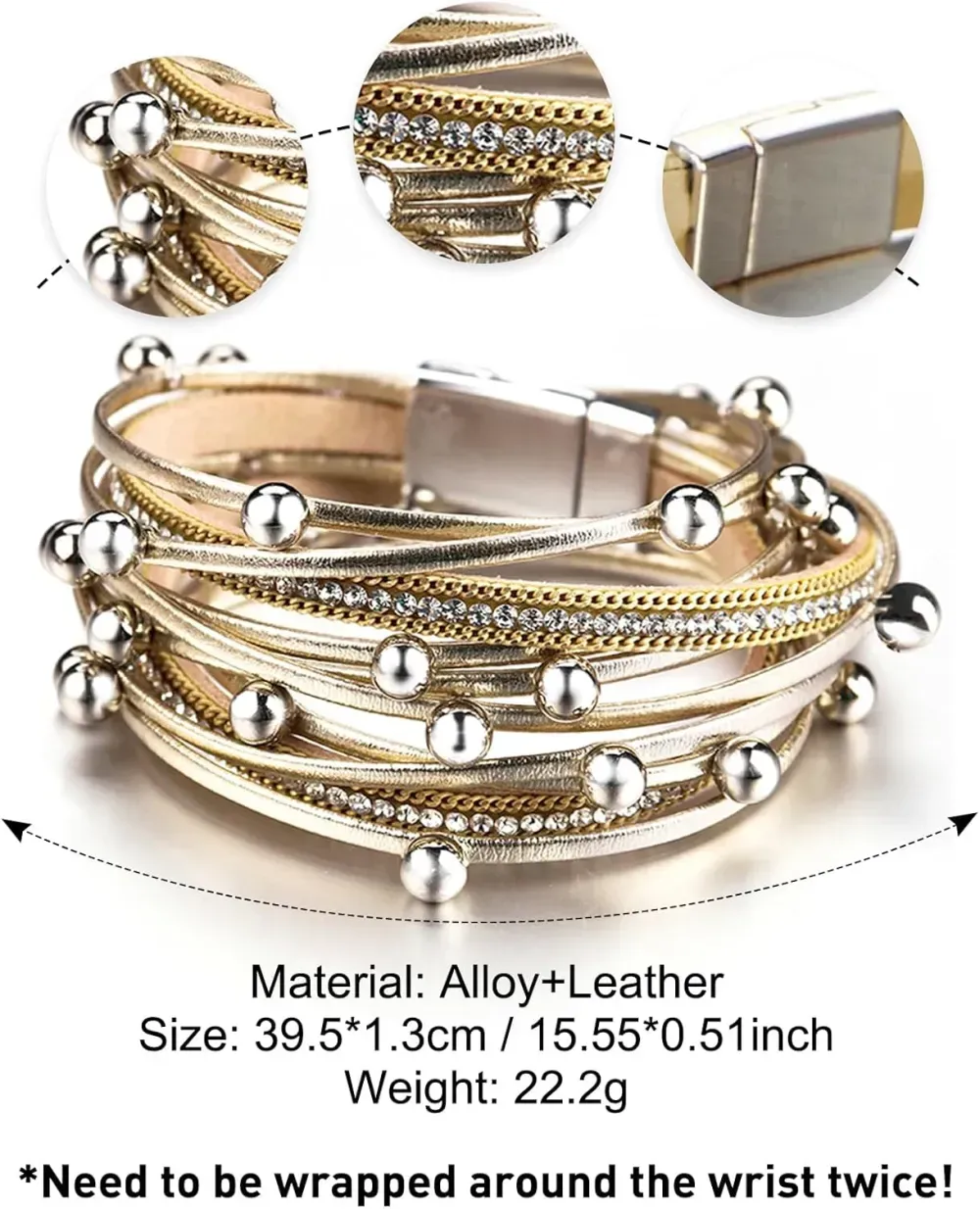 Fesciory Leather Wrap Bracelets for Women, Boho Leopard Multi-Layer Crystal Beads Cuff Bracelet Jewelry