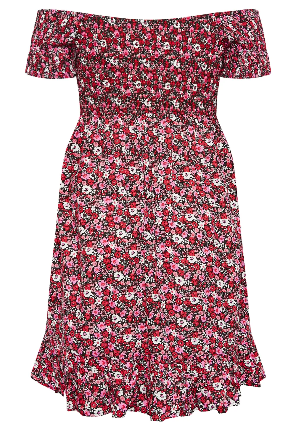 YOURS Curve Pink Floral Shirred Bardot Mini Dress