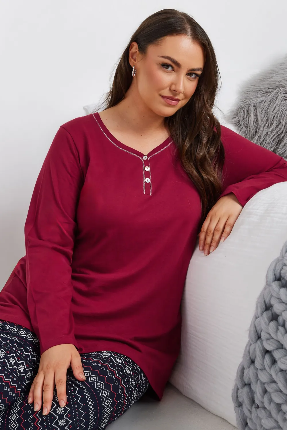 YOURS Curve Red Long Sleeve Placket Pyjama Top
