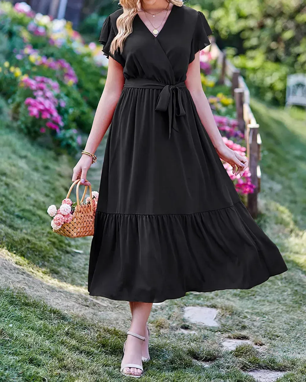 Women Summer Bohemian Floral Casual Wrap V Neck Ruffle Cap Sleeveless Belt A-Line Pleated Hem Swing Midi Sun Dress