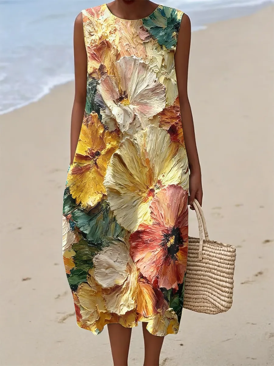Women's Casual Floral Oil Painting Art Sleeveless Floral Skirt