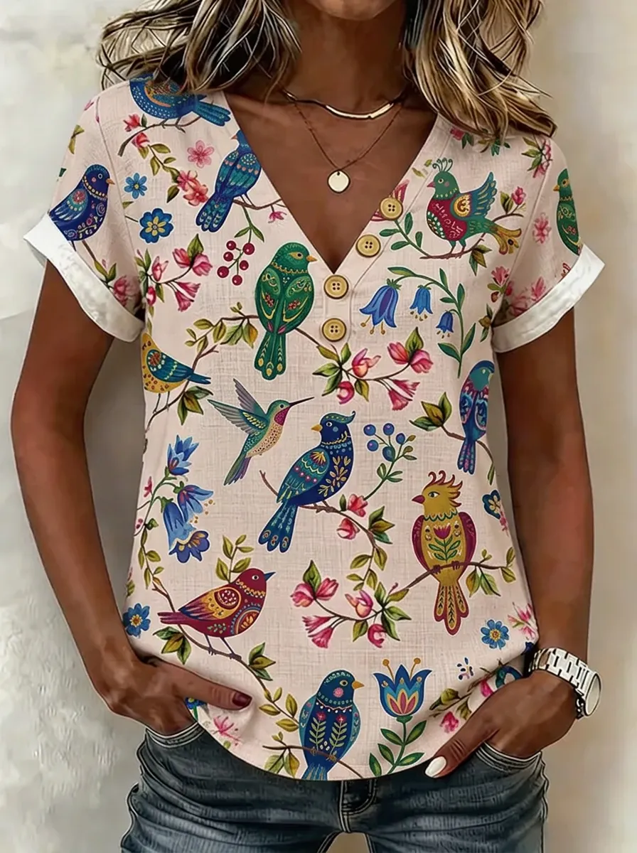Women's Nashville Nature Lover Bird Floral Printed V-Neck Top
