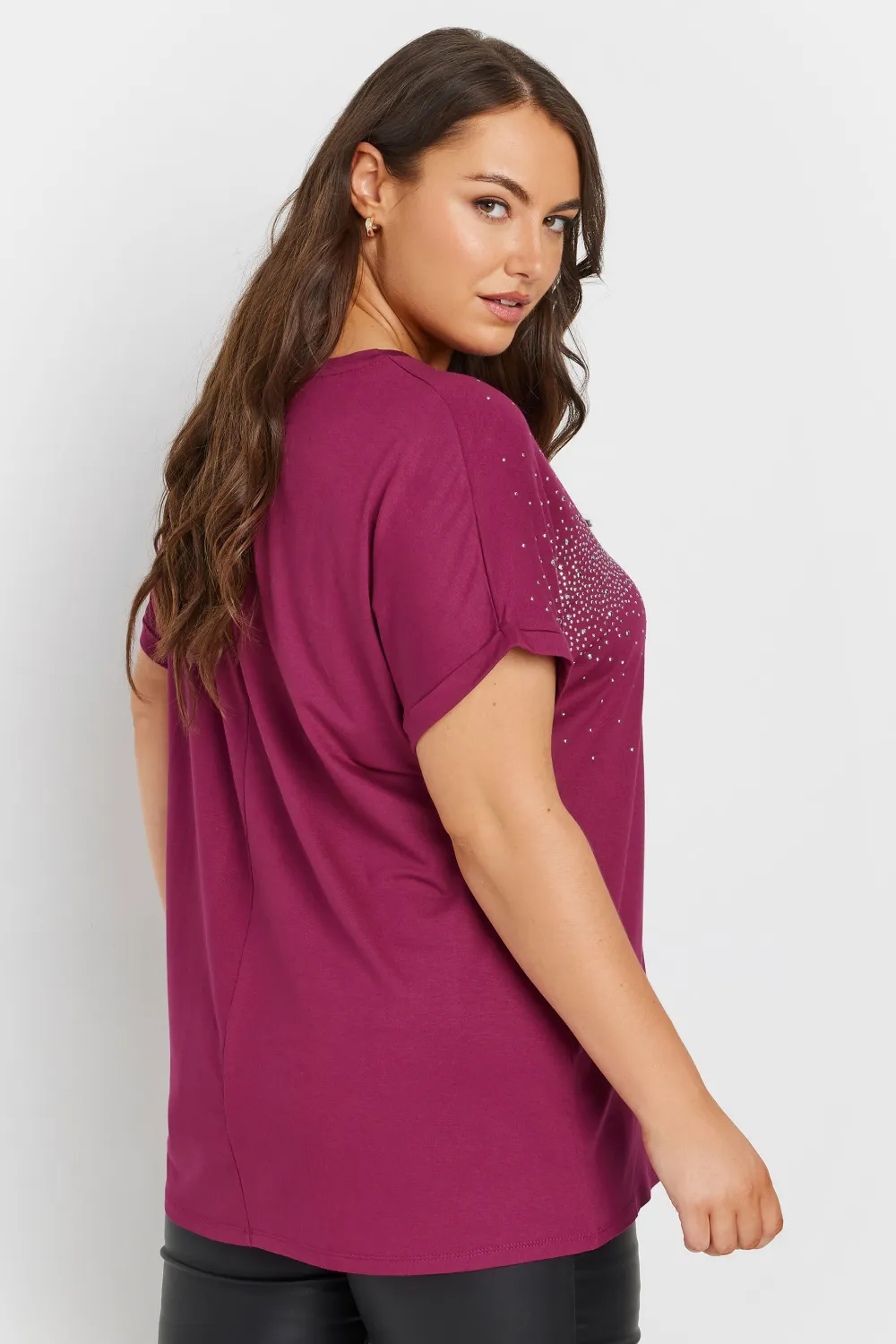 YOURS Curve Burgundy Red Diamante Detail T-Shirt