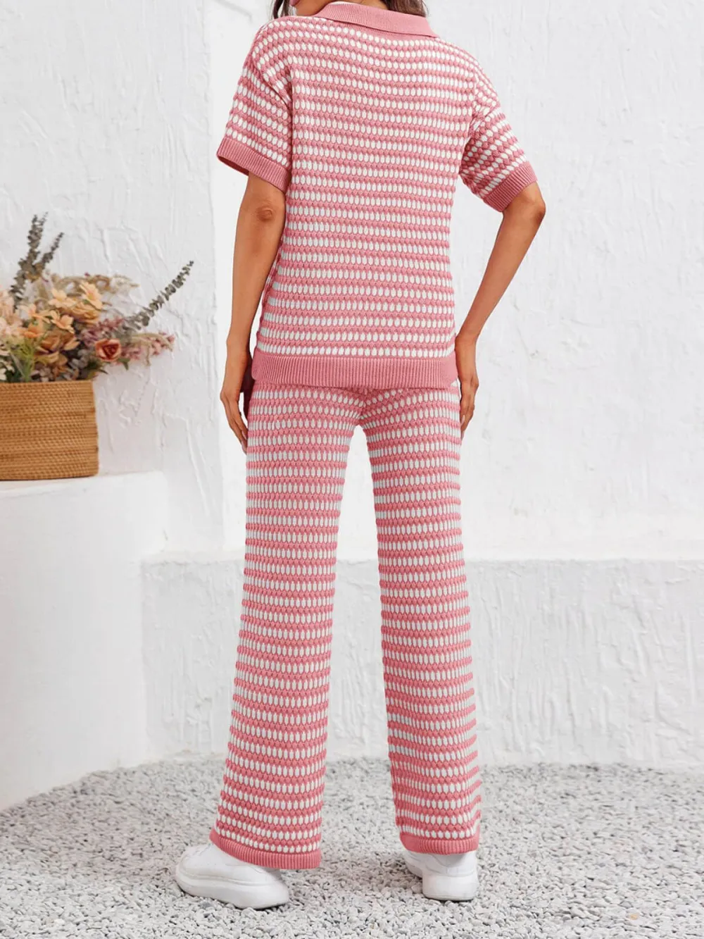 Womens 2 Piece Outfits Striped Short Sleeve Sweater Tops Knit Sets Wide Leg Pants Lounge Set