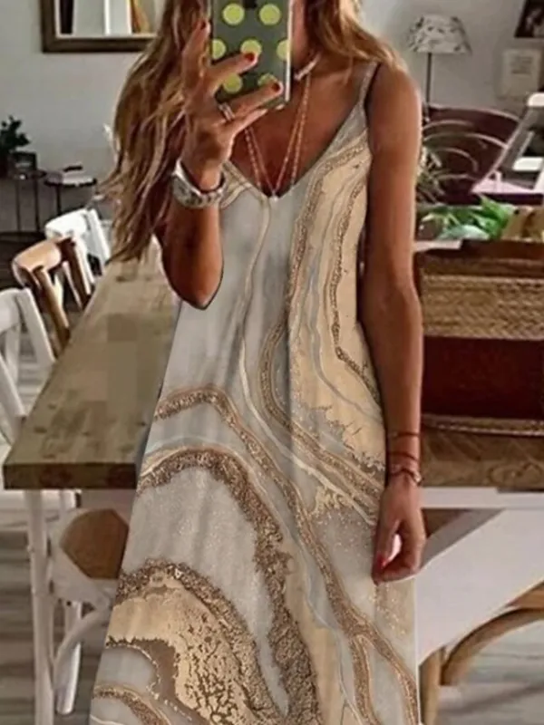 Women's Casual Dress Long Dress Maxi Dress Khaki Sleeveless Print Print Spring Summer V Neck Casual Weekend 2023 S M L XL XXL 3XL