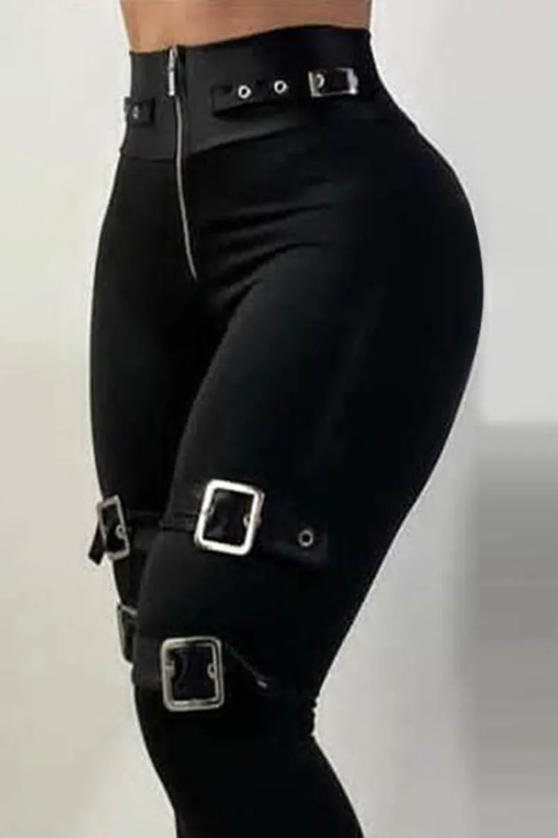 Zip Front Buckle Belted Skinny Pants