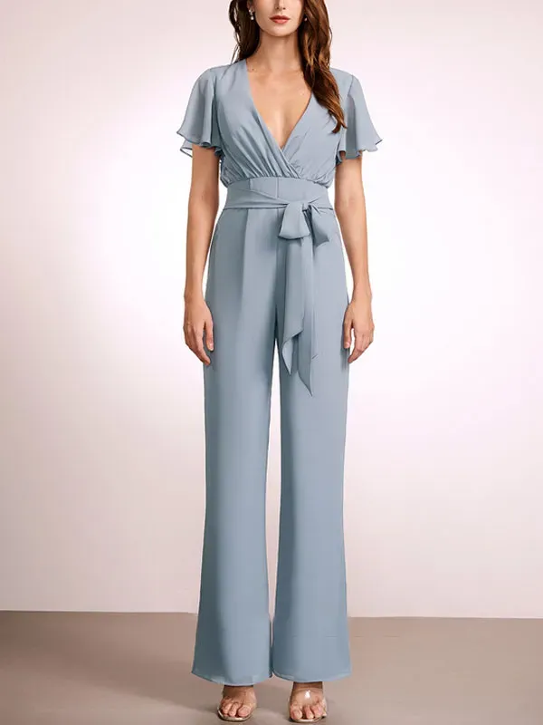 Jumpsuit/Pantsuit V-Neck Floor-Length Chiffon Bridesmaid Dress With Ruffle