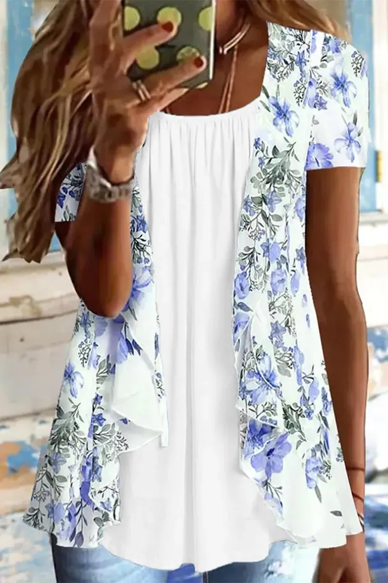 Floral Pattern Ruched Ruffle Trim 2-In-1 Blouse