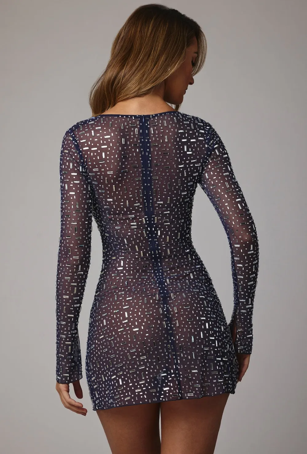 Sheer Embellished Long Sleeve A-Line Mini Dress - Almond