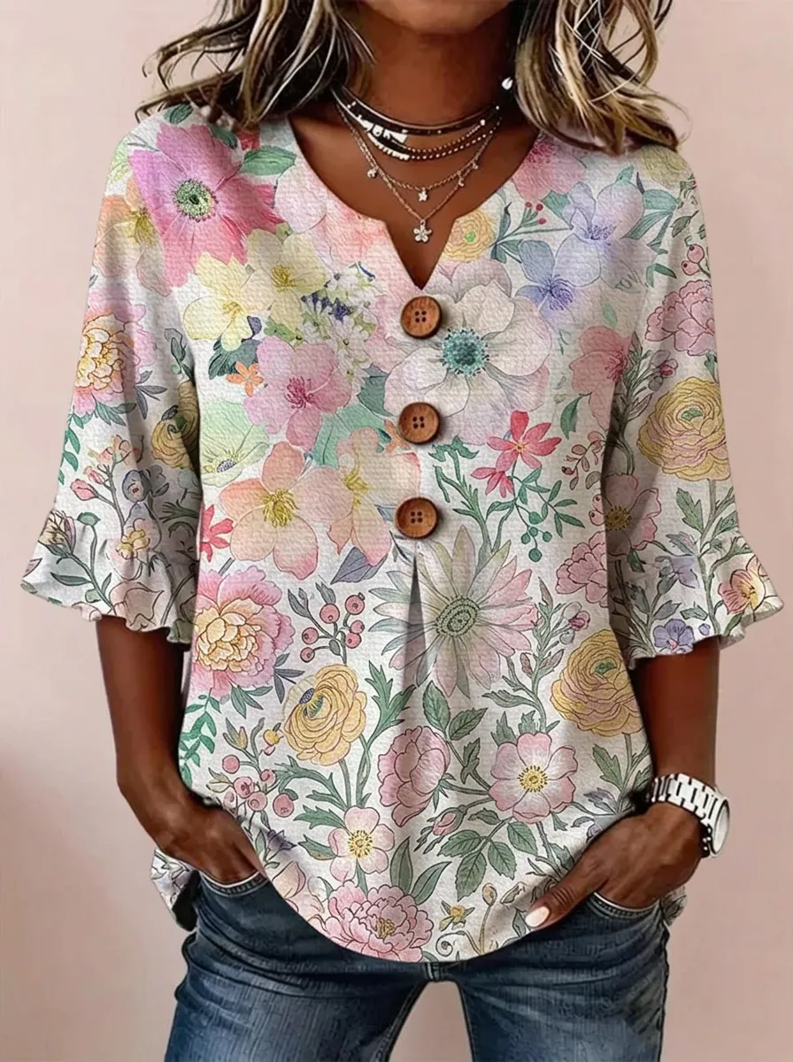 Women's Nashville Floral Botanical Printed V-Neck Button Top