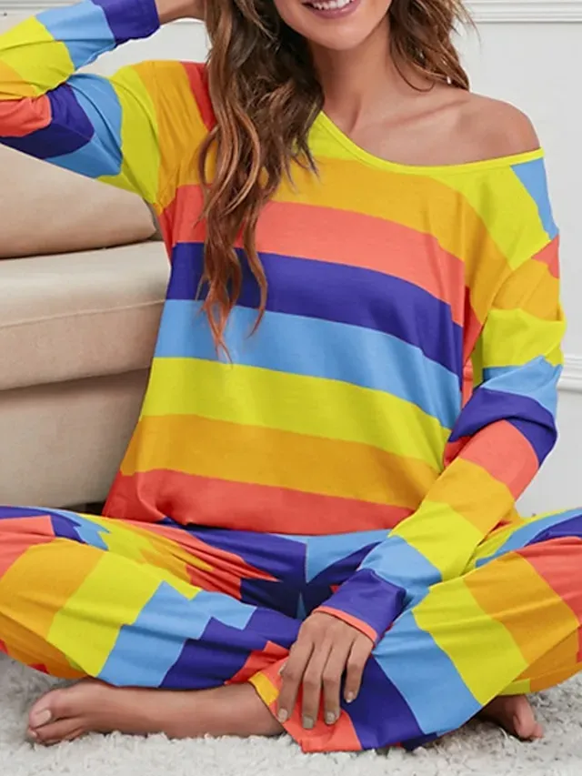 Women's Plus Size Pajamas Sets Nighty Pjs 2 Pieces Rainbow Stripe Fashion Comfort Soft Home Daily Bed Cotton Breathable V Wire Long Sleeve T shirt Tee Pant Fall Spring Blue Yellow