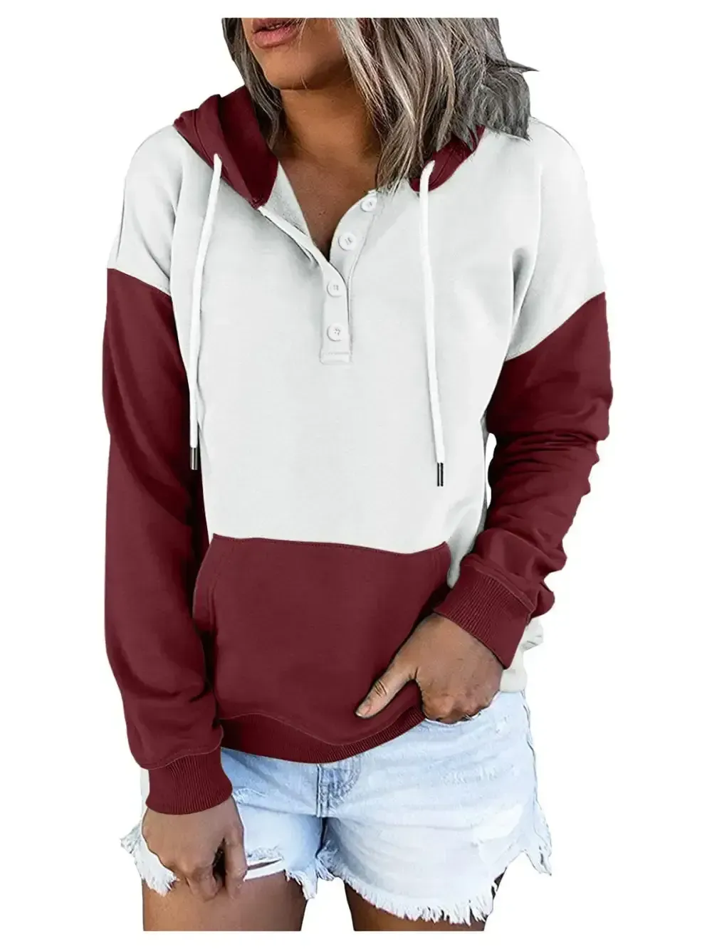 Women's Long sleeves V-neck Colorblock Stitching Hoodid Top