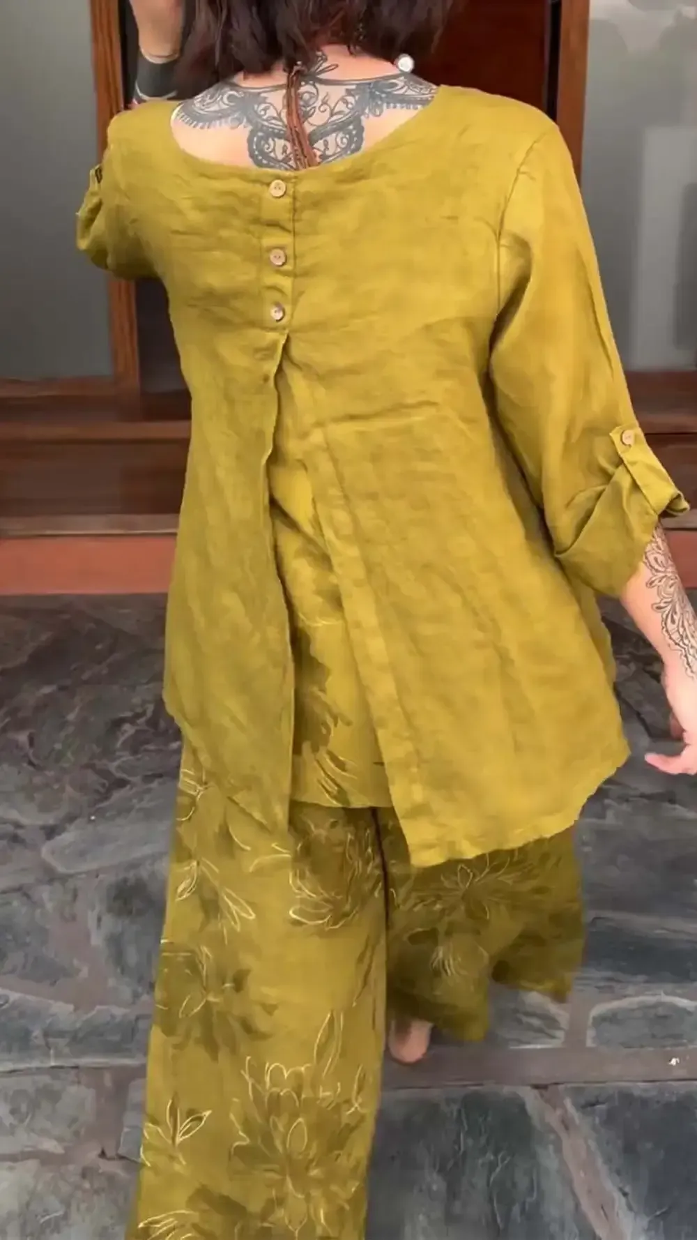 Women's Casual Cotton and Linen Printed Long Sleeve Suit