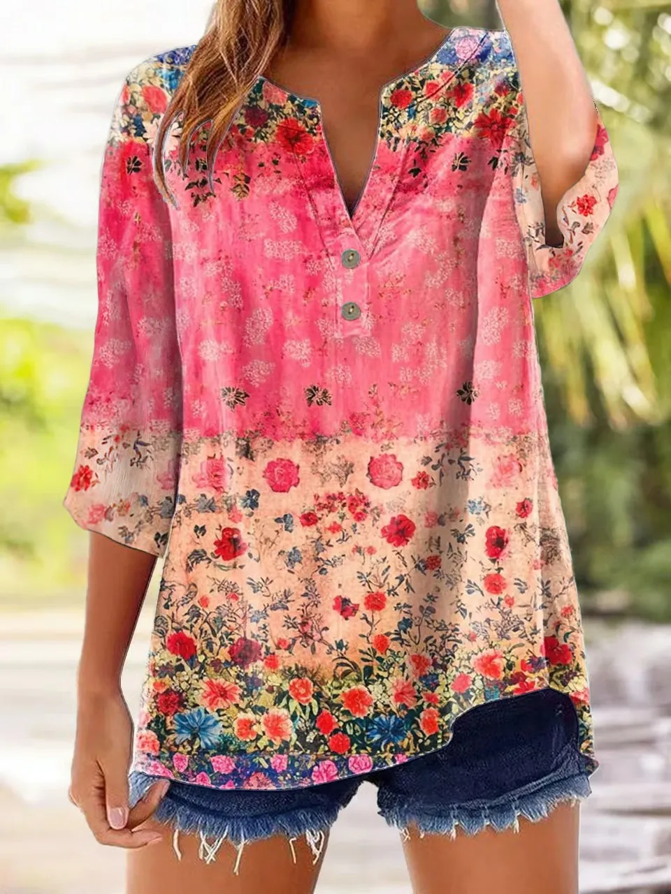 Women's Casual Retro Plant Printed Cotton Linen Triangular Sleeve Cotton Linen Shirt