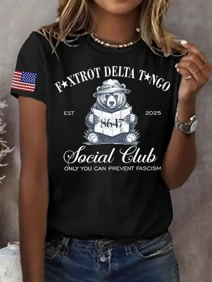 Women'S T-Shirt Fashion Flag Print Casual T-Shirt Pure Cotton Round Neck Print Short Sleeve