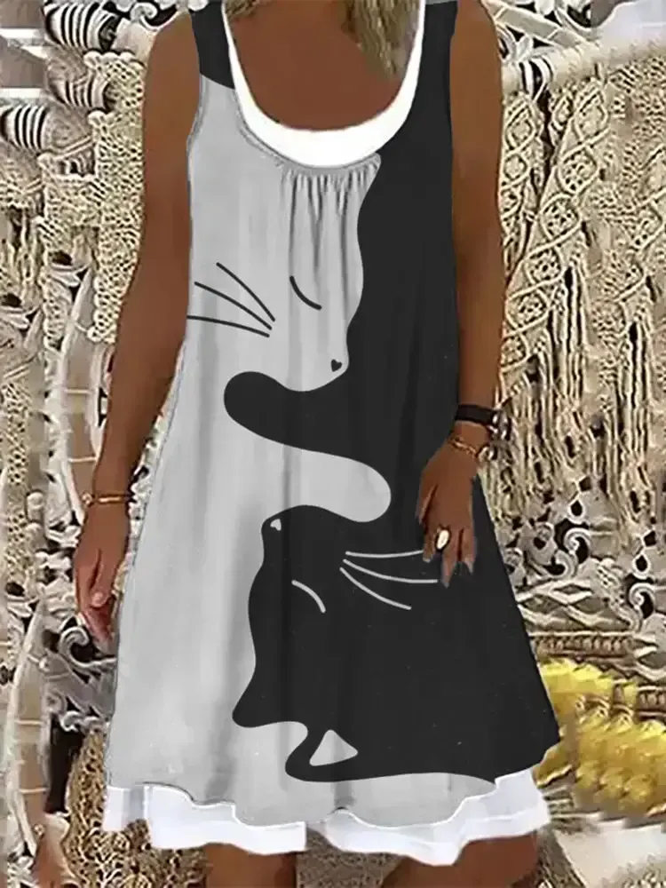 VChics Contrast Cat Print Casual Sleeveless Midi Dress