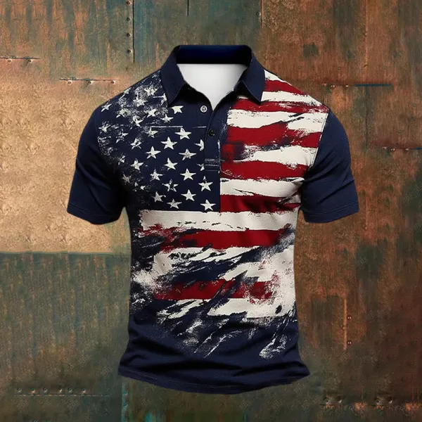 Men's Retro Independence Day Flag Print Polo Shirt