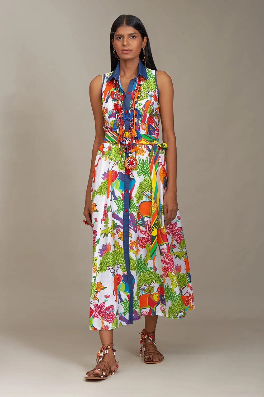 White Cotton Silk Printed Floral Shirt Collar Dress For Women