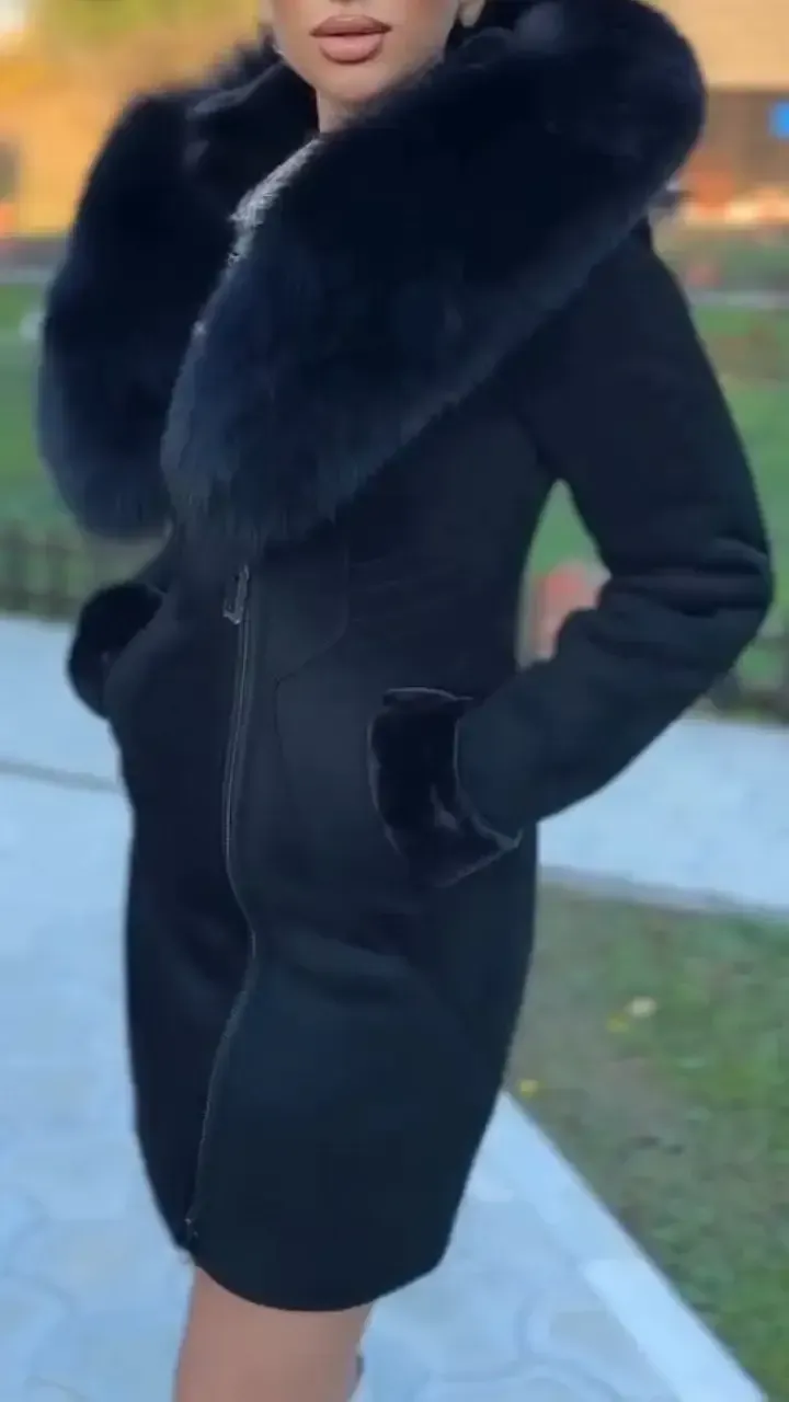 Women's Fur Hooded Zip-up Slim Coat
