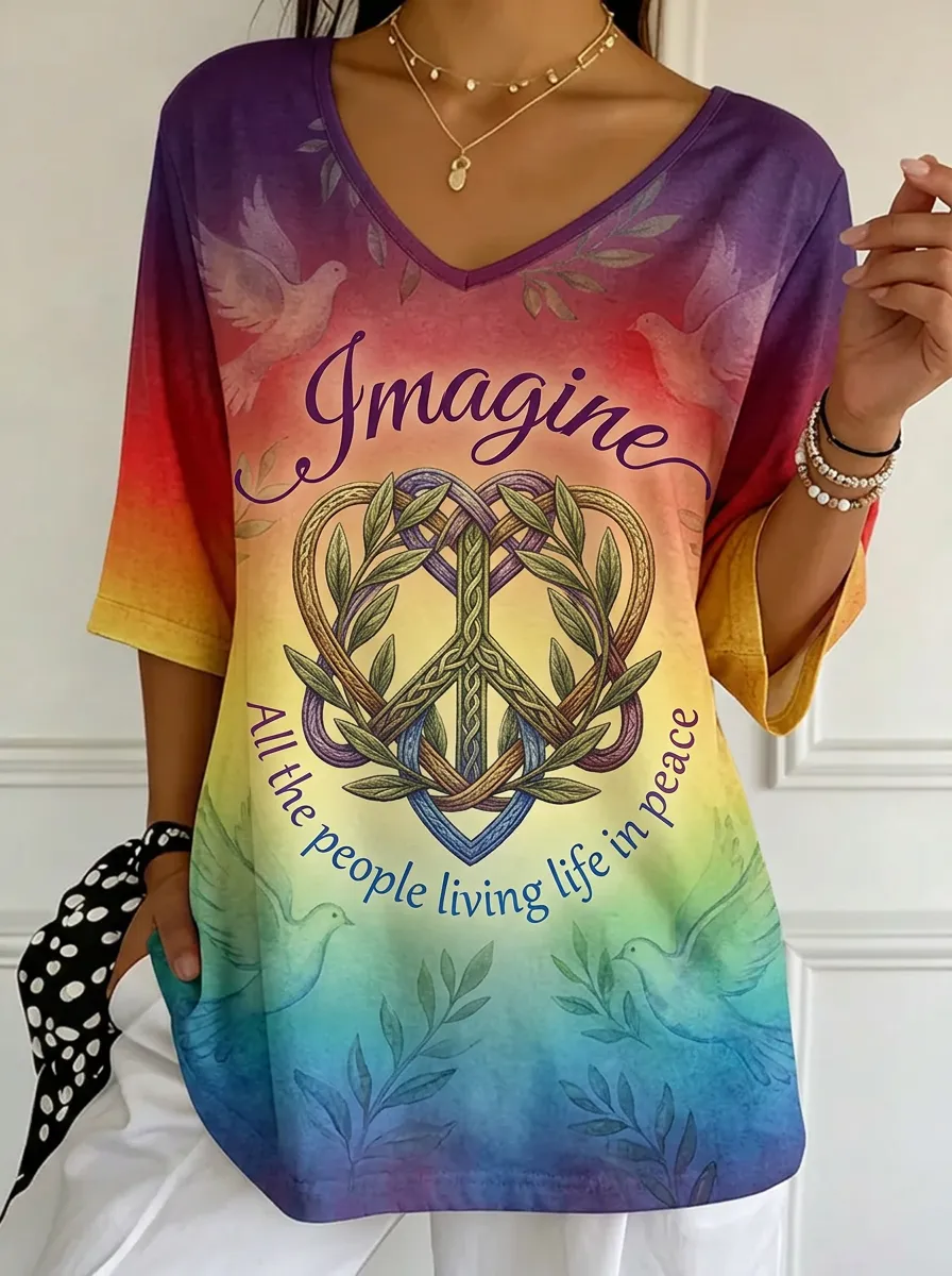 Women's Nashville Peace Sign Imagine Dove Printed V-neck T-shirt