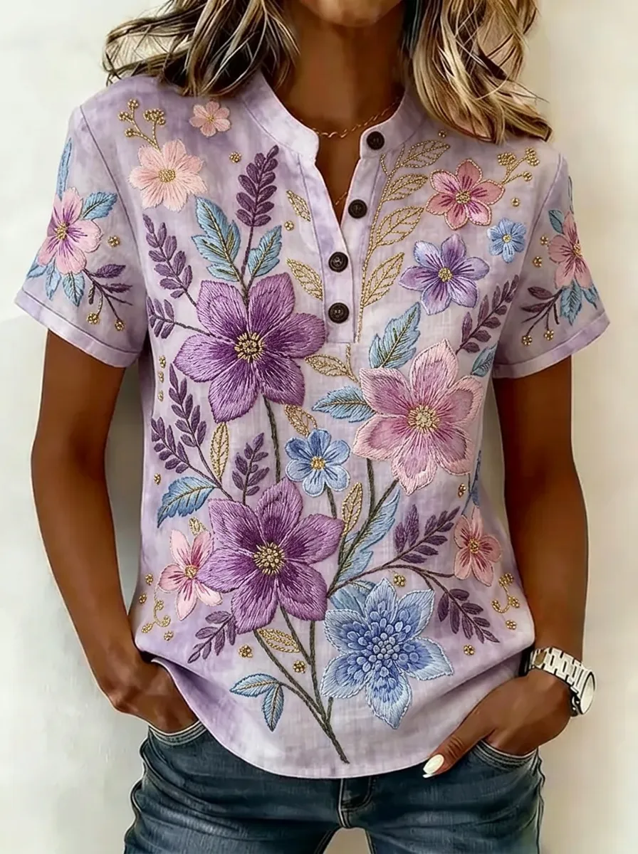 Women's Nashville Floral Embroidery Printed Henley Shirt