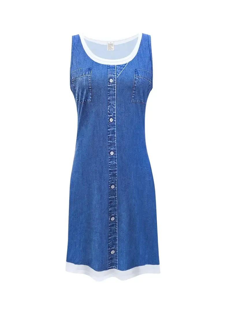 Women's Casual Denim Print Sleeveless Dress, Polyester & Spandex Blend, Crew Neck, Color Block Design, Knit Fabric, 180-1.0g/m², with Button Pockets for All-Season