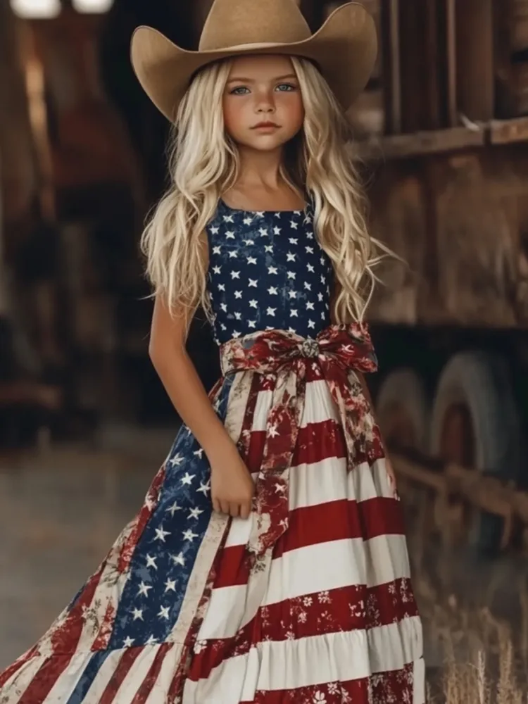 Young Girl's Patchwork Independence Day America Flag With Bow Art Linen Tank Dress（with Belt）
