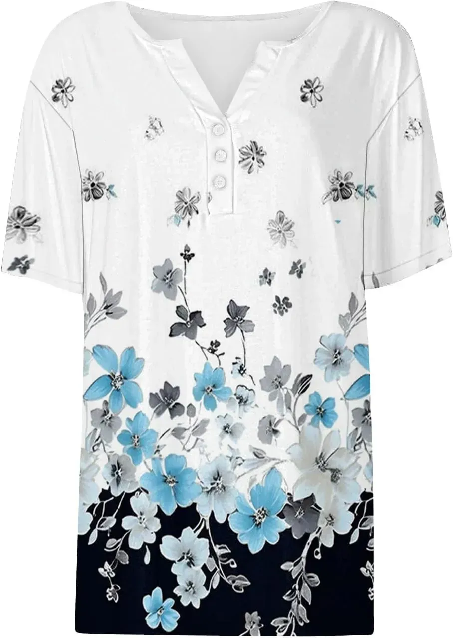 Shirts for Women Casual Printed Summer Tops Short-Sleeved Button V-Neck Tops Blouse Fashion Boho T-Shirts