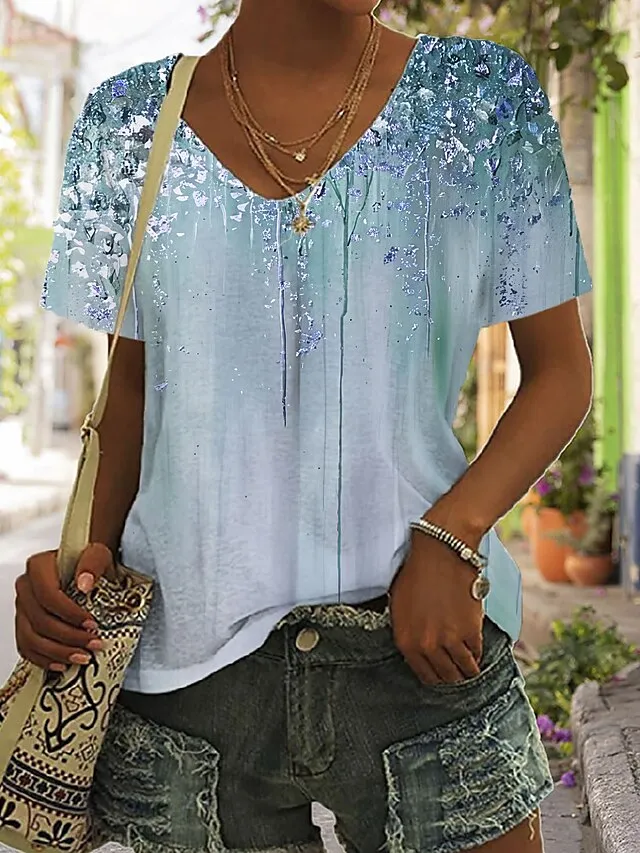 Women's T shirt Tee Pink Red Blue Graphic Asymmetrical Print Short Sleeve Daily Weekend Basic V Neck Regular Fit Abstract Painting