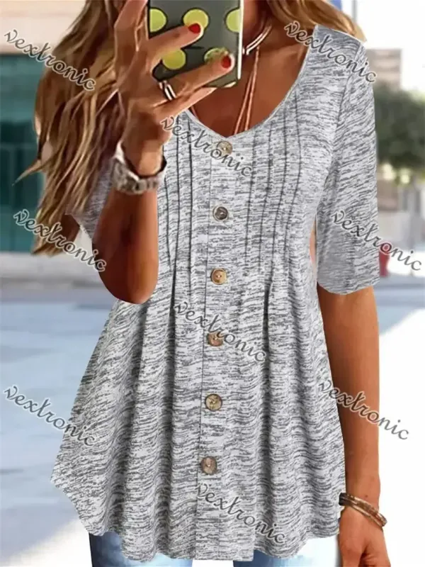 Women's Gray Half Sleeve V-neck Buttons Top