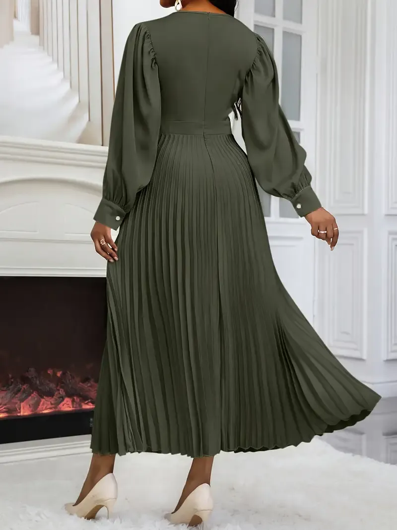 Elegant Maroon Pleated A-Line Dress for Women with Bubble Sleeves - Polyester, Round Neck, Machine Washable, All-Season Elegance