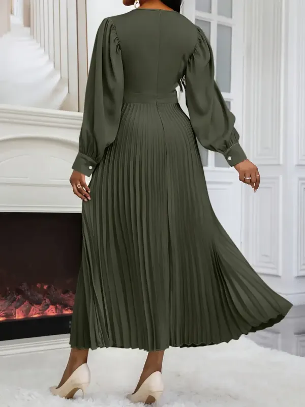Elegant Maroon Pleated A-Line Dress for Women with Bubble Sleeves - Polyester, Round Neck, Machine Washable, All-Season Elegance