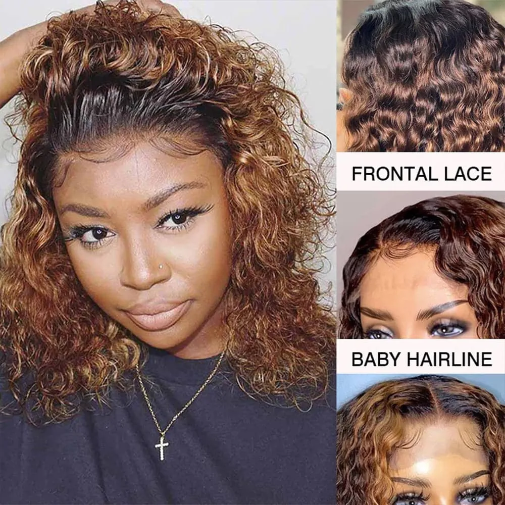 Sterly Mix Color Brown Curly Bob Wig Affordable 13X4 Highlight Frontal Lace Wig