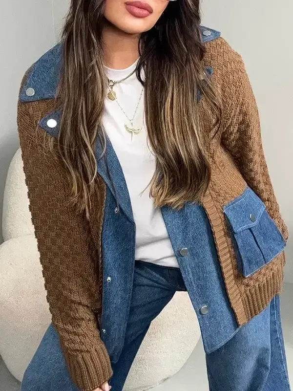 Women's Lapel Stitching Sweater Casual Top