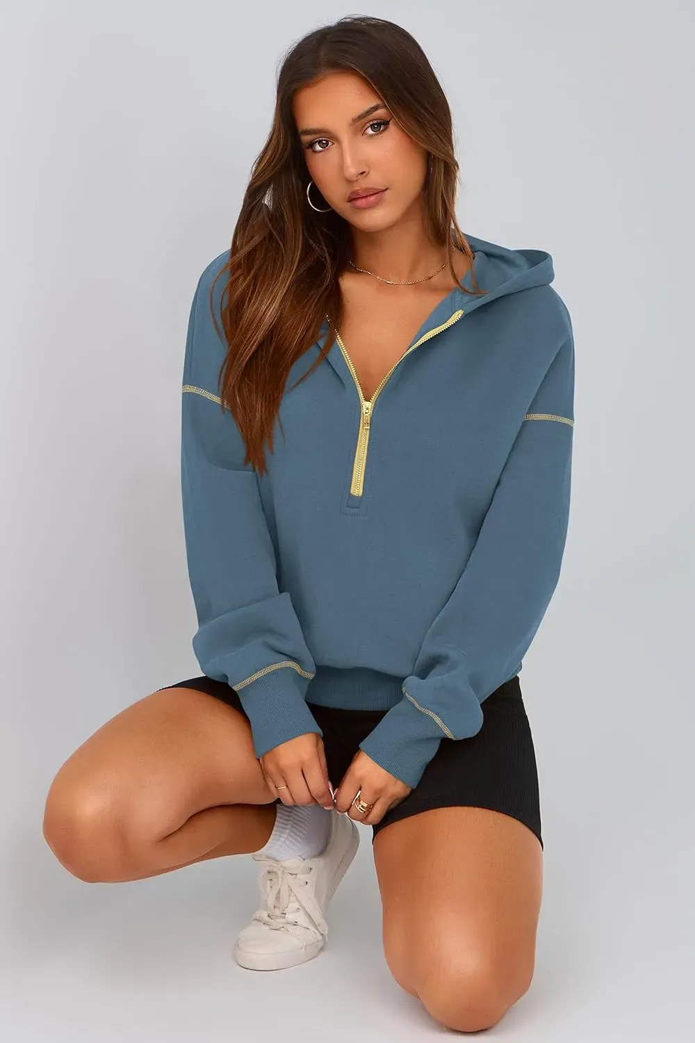 Women's Hooded Sweatshirts Long Sleeve Half Zip Cropped Hoodie Pullover Winter Fashion Clothes