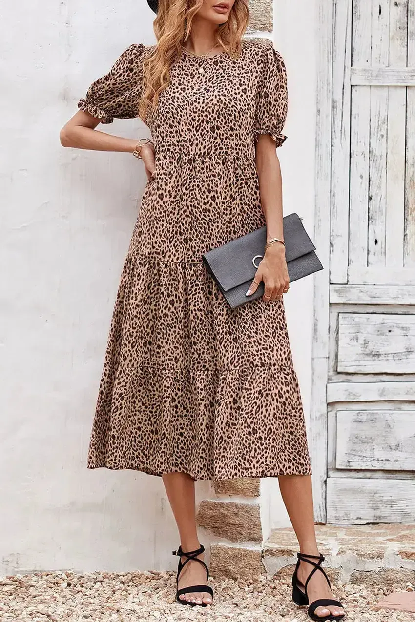 Floral Print Ruffle Puff Sleeve High Waist Midi Dresses