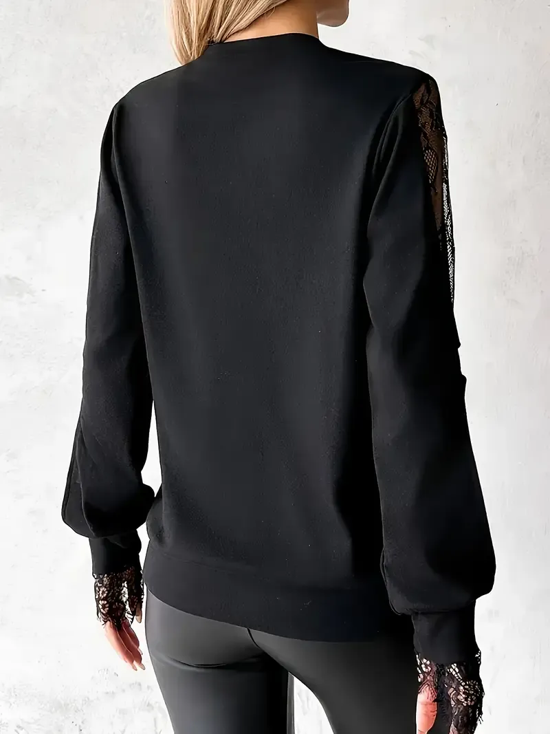 Women'S Keyhole Cutout Lace Long Sleeve Top, Casual Notched Collar Knit Polyester and Spandex Blend, Solid Color Contrast Detail for Spring/Summer/Fall