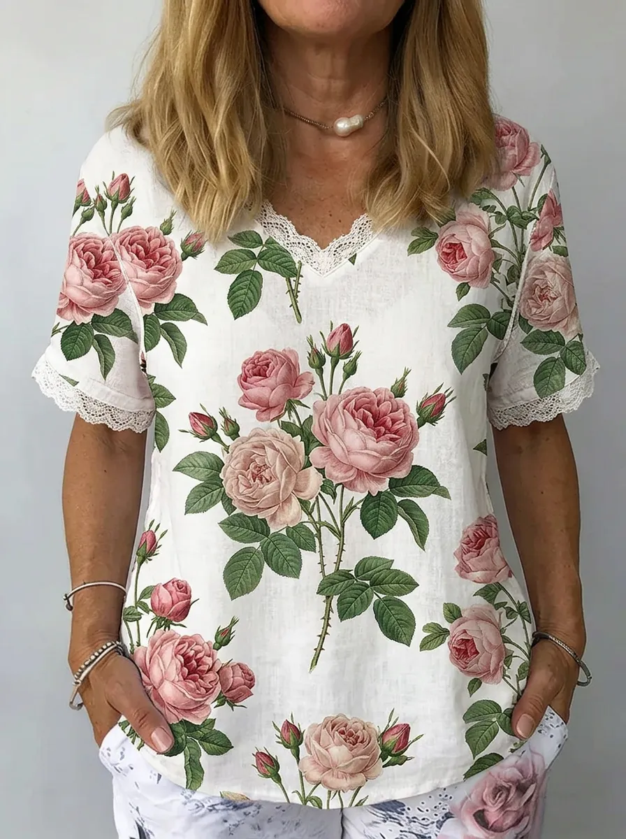 Women's Nashville Floral Rose Printed Lace Trim Top