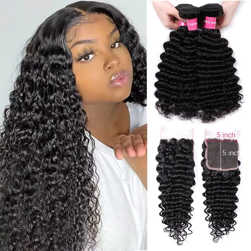 Sterly Deep Wave Bundles With 5x5 Lace Closure Human Hair Bundles With Closure