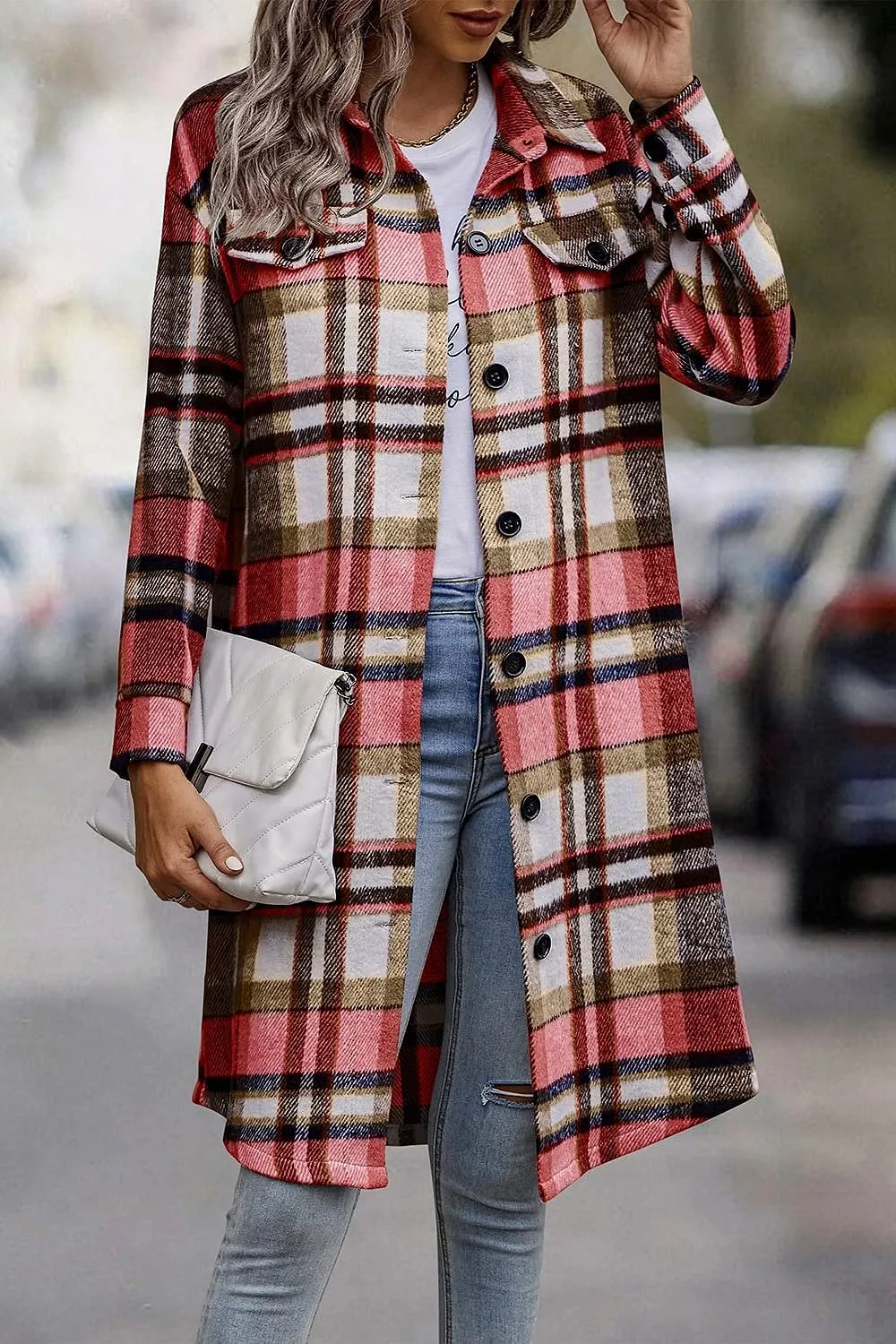 Women's Plaid Shacket 2023 Long Sleeve Button Up Flannel Shirt Winter Tartan Jacket Woolen Coats